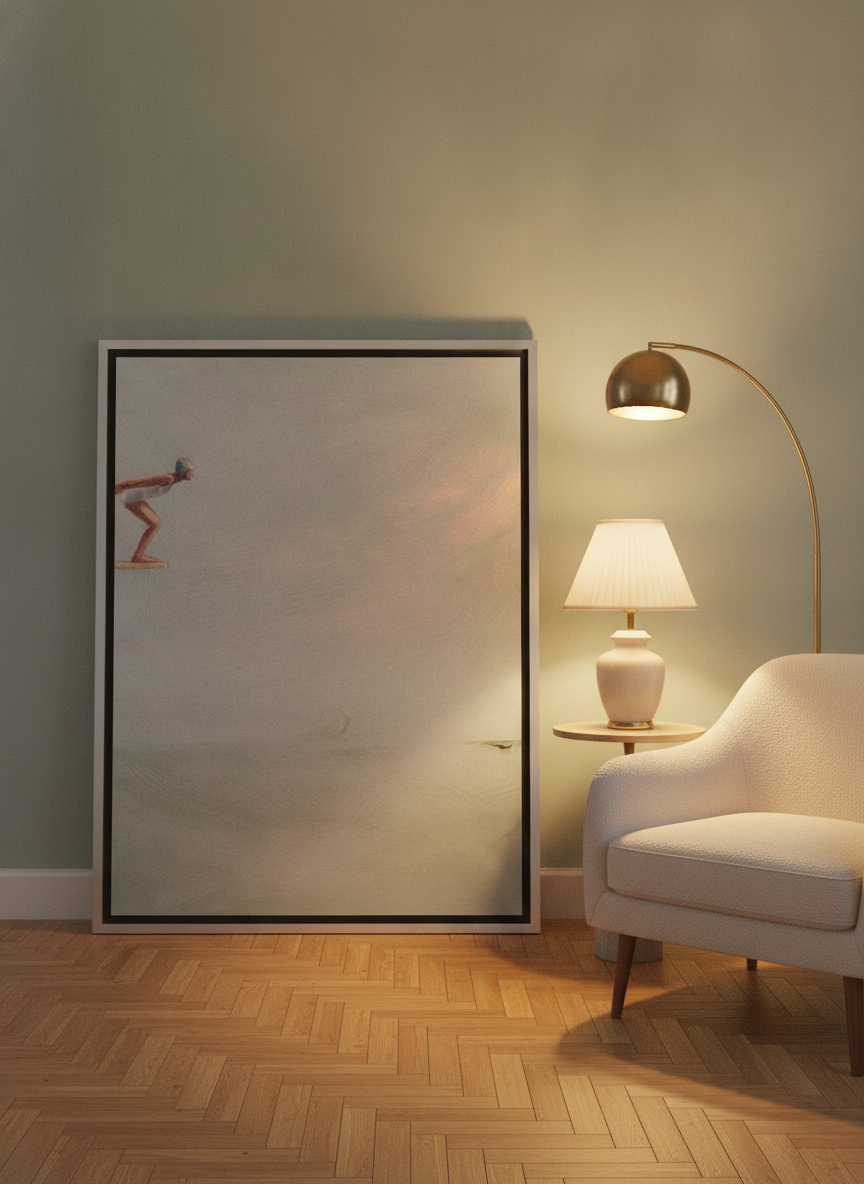 Canvas wall art with a silver leaf surround leaning against the wall in a mid-century bedroom