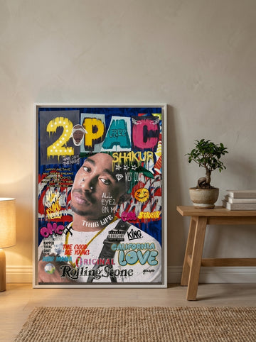 Canvas wall art with a white surround leaning against the wall in a warm Japandi living room