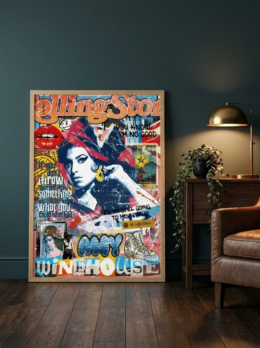 Modern wall art print leaning against the wall in a moody home office