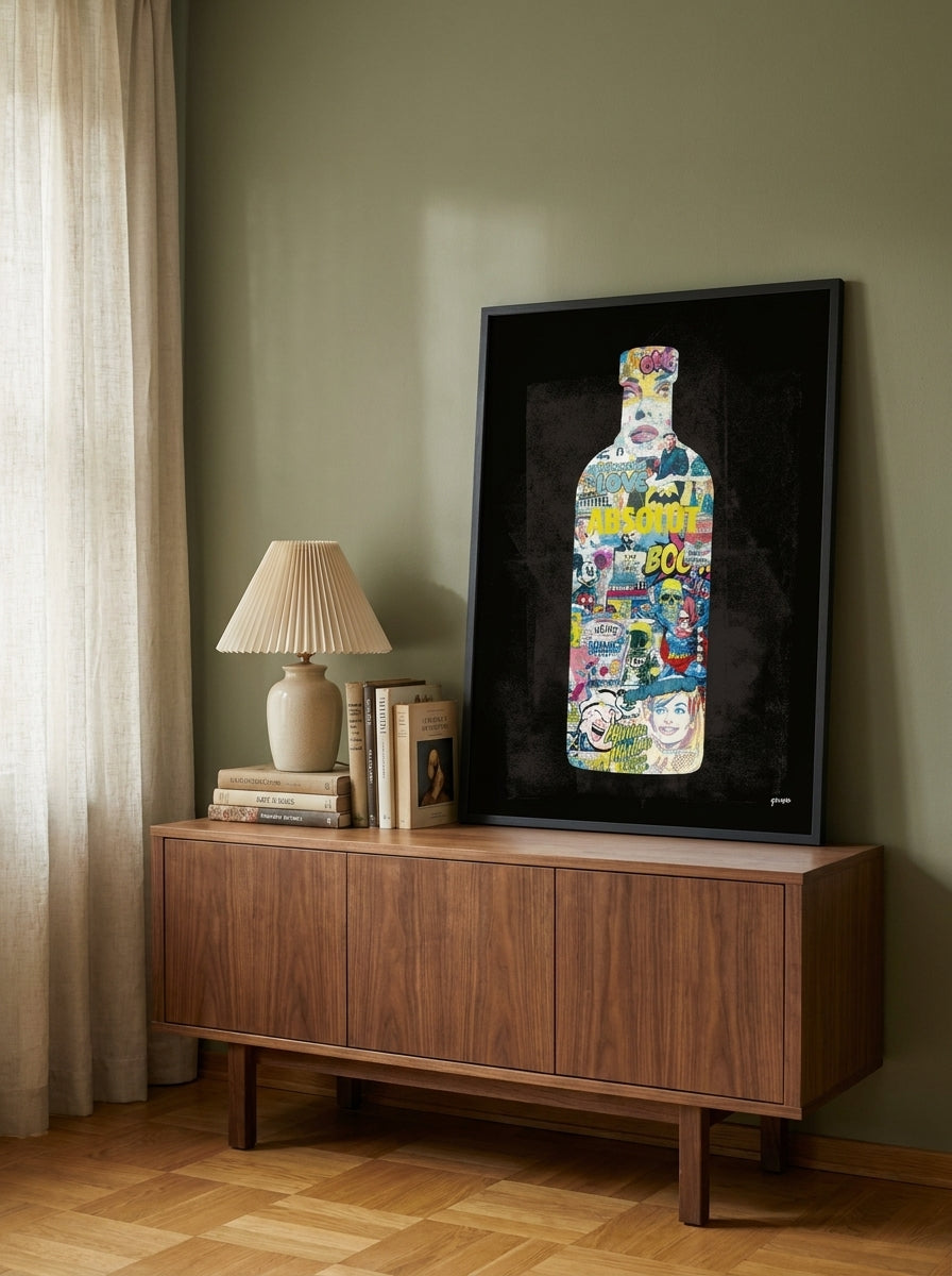 Modern wall art print standing on a sideboard in a mid-century home office