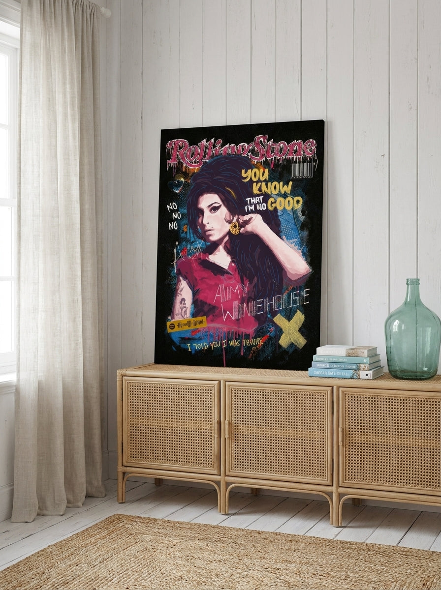 Stretched canvas wall art standing on a sideboard in a coastal bedroom