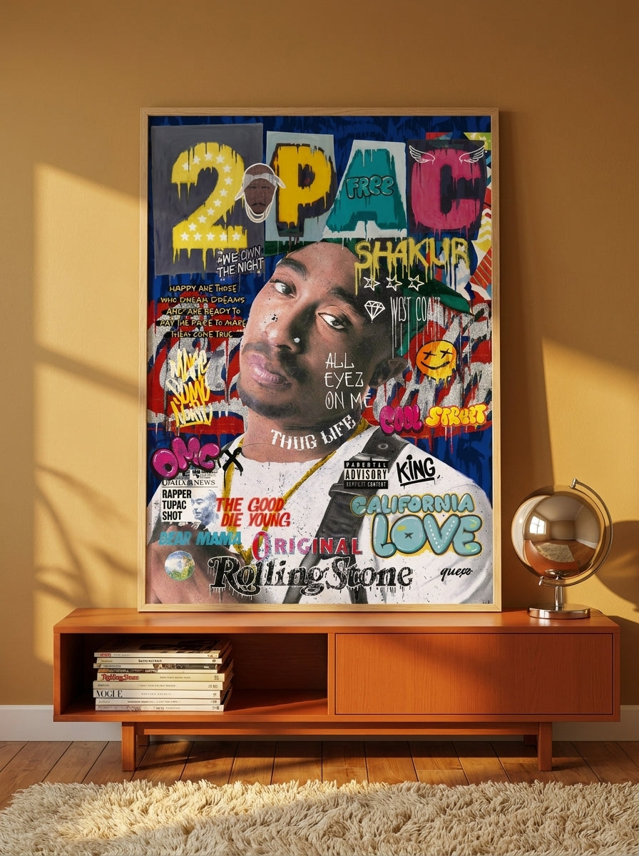 Modern wall art print standing on a sideboard in a retro 70s home office