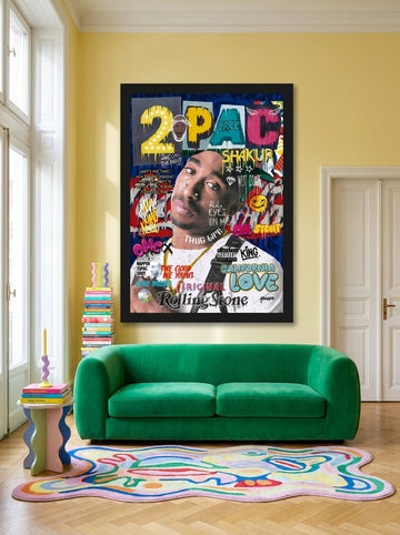 Oversized statement modern wall art print styled on the wall in a colourful eclectic living room