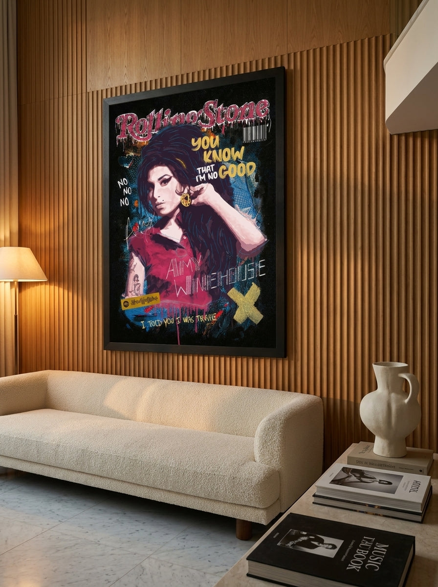 Oversized statement modern wall art print styled on the wall in a luxe living room