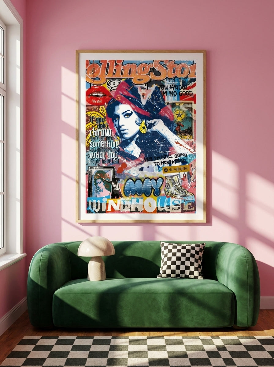 Modern wall art print styled on the wall in a colourful eclectic living room