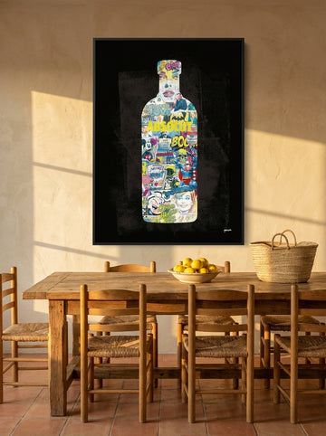 Oversized statement canvas wall art with a black surround styled on the wall in a Mediterranean dining room