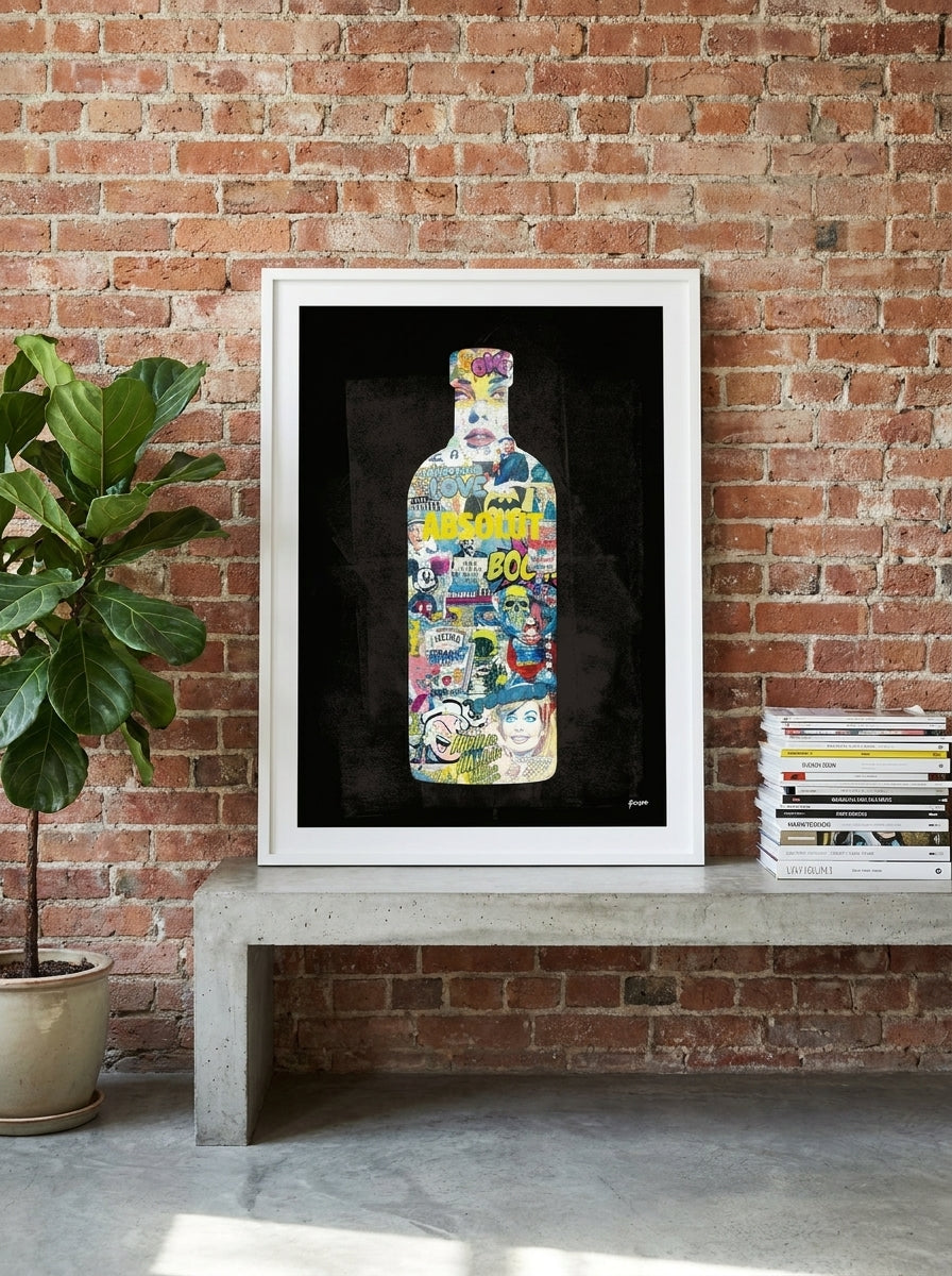 Modern wall art print standing on a kitchen bench in an industrial loft kitchen