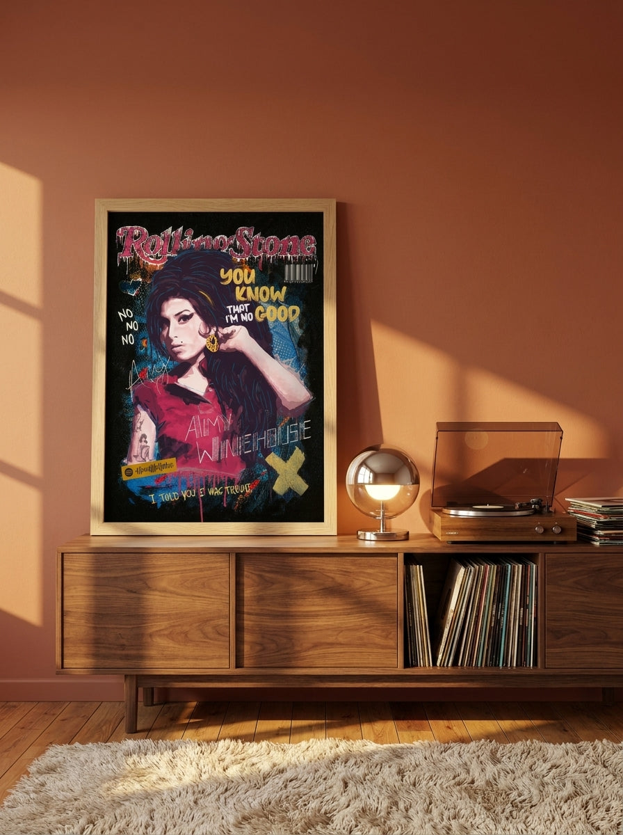 Modern wall art print standing on a sideboard in a retro 70s home office