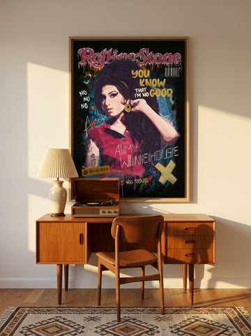 Canvas wall art with a natural timber surround styled on the wall in a mid-century home office