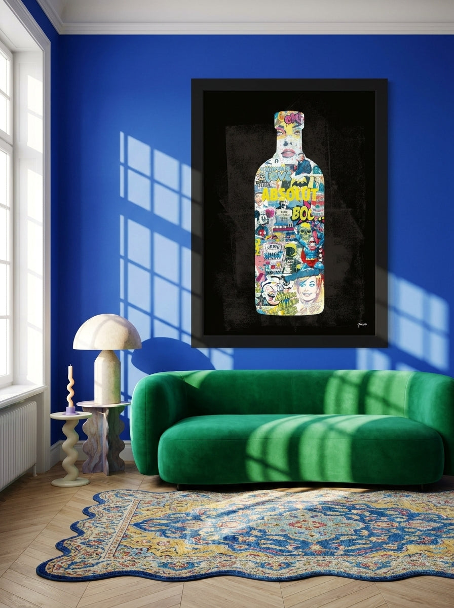 Oversized statement modern wall art print styled on the wall in a colourful eclectic living room