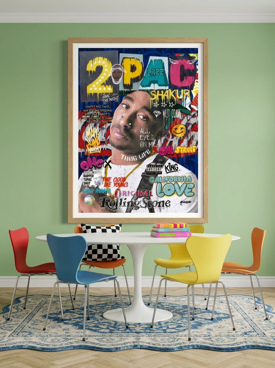 Modern wall art print styled on the wall in a colourful eclectic dining room