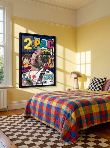 Oversized statement canvas wall art with a black surround styled on the wall in a colourful eclectic bedroom