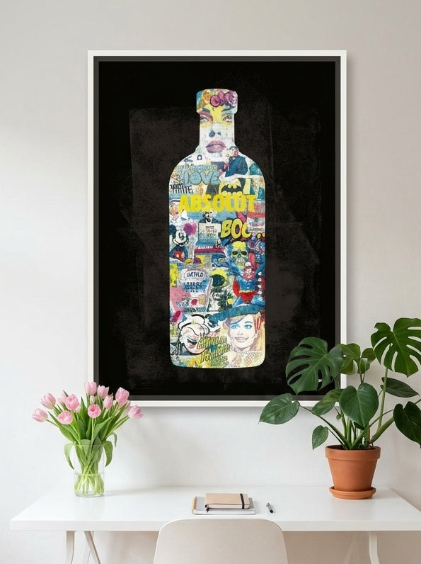 Canvas wall art with a white surround styled on the wall in a bright Scandinavian home office