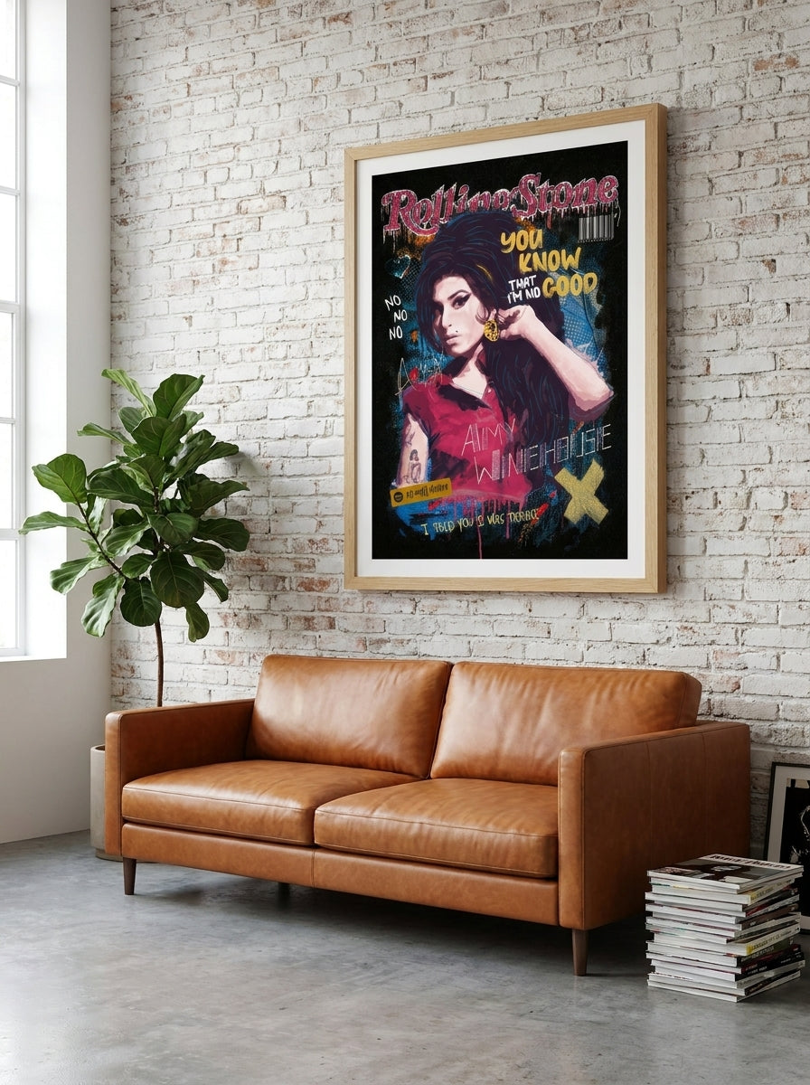 Modern wall art print styled on the wall in an industrial loft living room