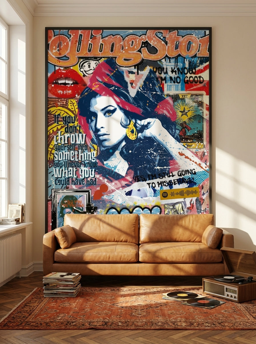 Oversized statement modern wall art print styled on the wall in a retro 70s living room