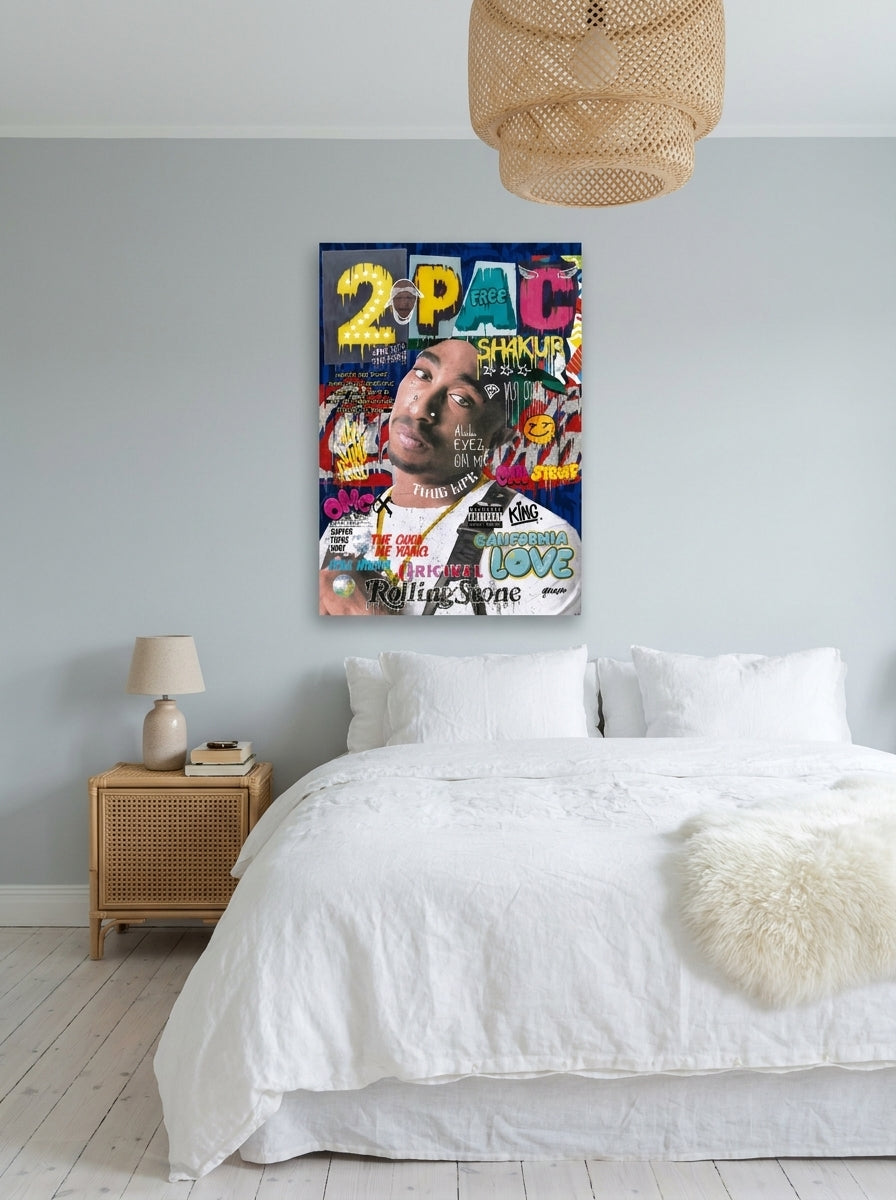 Stretched canvas wall art styled on the wall in a bright Scandinavian bedroom