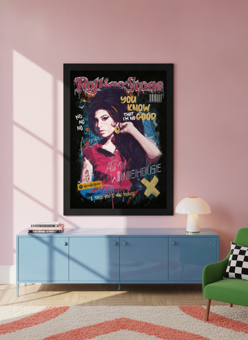 Oversized statement modern wall art print styled on the wall in a colourful eclectic living room