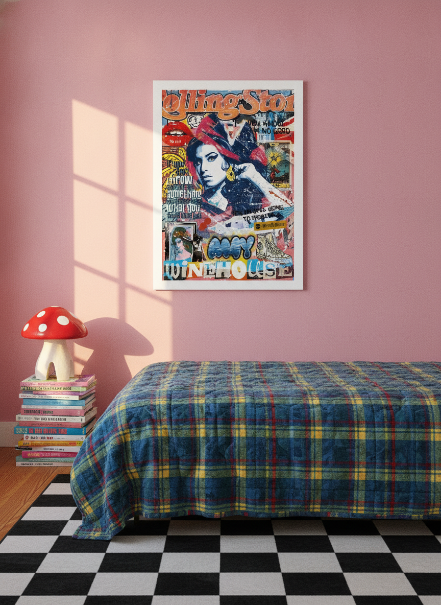 Modern wall art print styled on the wall in a colourful eclectic bedroom
