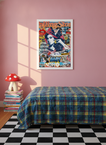 Modern wall art print styled on the wall in a colourful eclectic bedroom