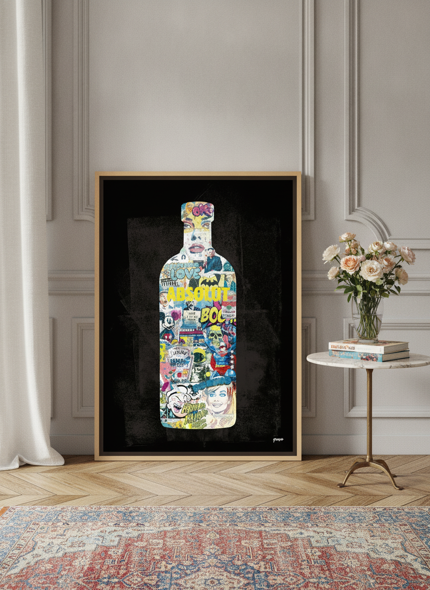 Canvas wall art with a natural timber surround leaning against the wall in a Parisian kitchen