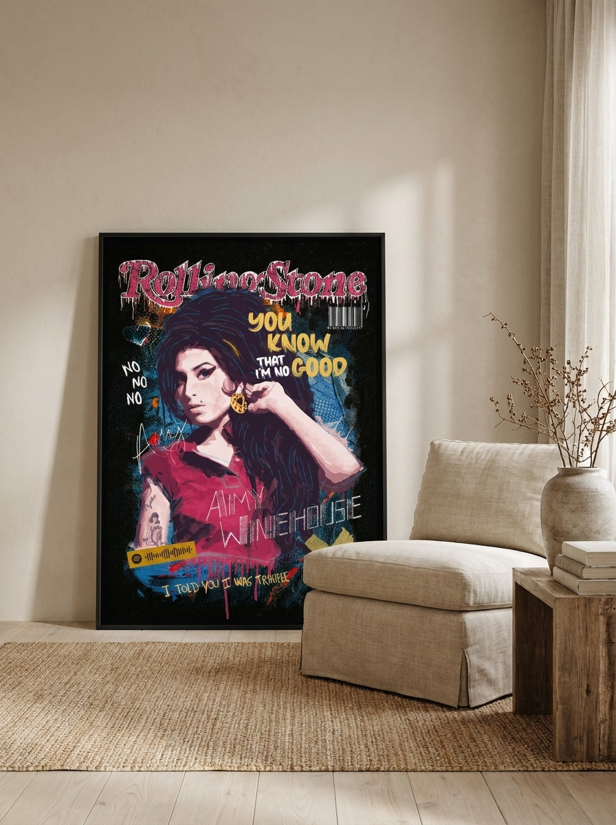 Oversized statement canvas wall art with a black surround leaning against the wall in a warm Japandi living room