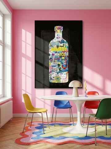 Stretched canvas wall art styled on the wall in a colourful eclectic dining room