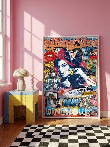 Canvas wall art with a white surround standing on a side table in a colourful eclectic living room
