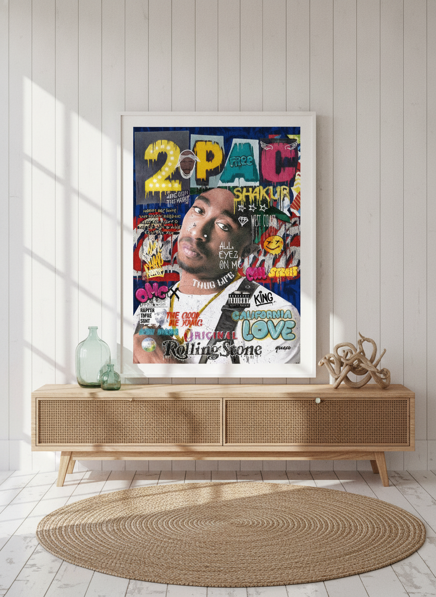 Modern wall art print standing on a sideboard in a coastal living room