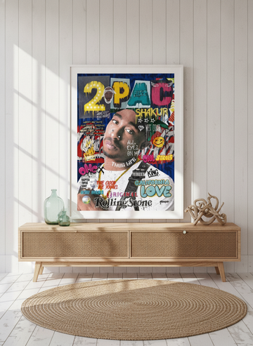 Modern wall art print standing on a sideboard in a coastal living room