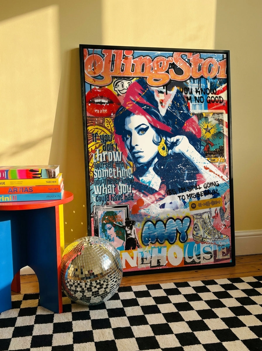 Oversized statement modern wall art print leaning against the wall in a colourful eclectic bedroom