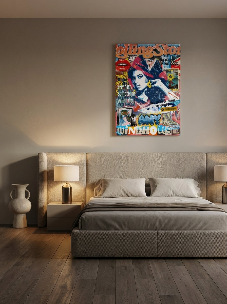 Stretched canvas wall art styled on the wall in a luxe bedroom