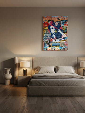 Stretched canvas wall art styled on the wall in a luxe bedroom
