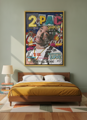 Oversized statement canvas wall art with a gold leaf surround styled on the wall in a mid-century bedroom