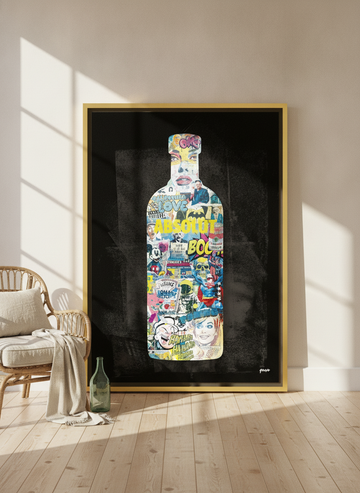 Oversized statement canvas wall art with a gold leaf surround leaning against the wall in a coastal living room