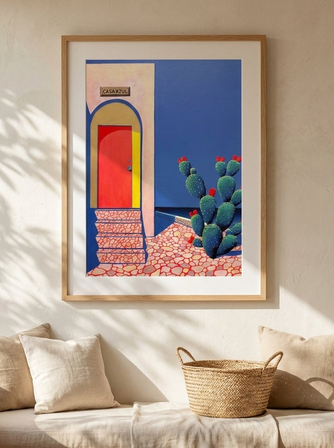 Modern wall art print styled on the wall in a Mediterranean living room