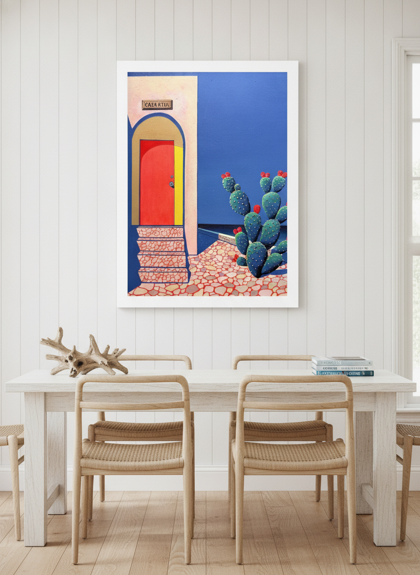 Modern wall art print styled on the wall in a coastal dining room