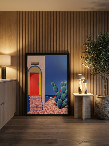 Modern wall art print leaning against the wall in a luxe kitchen