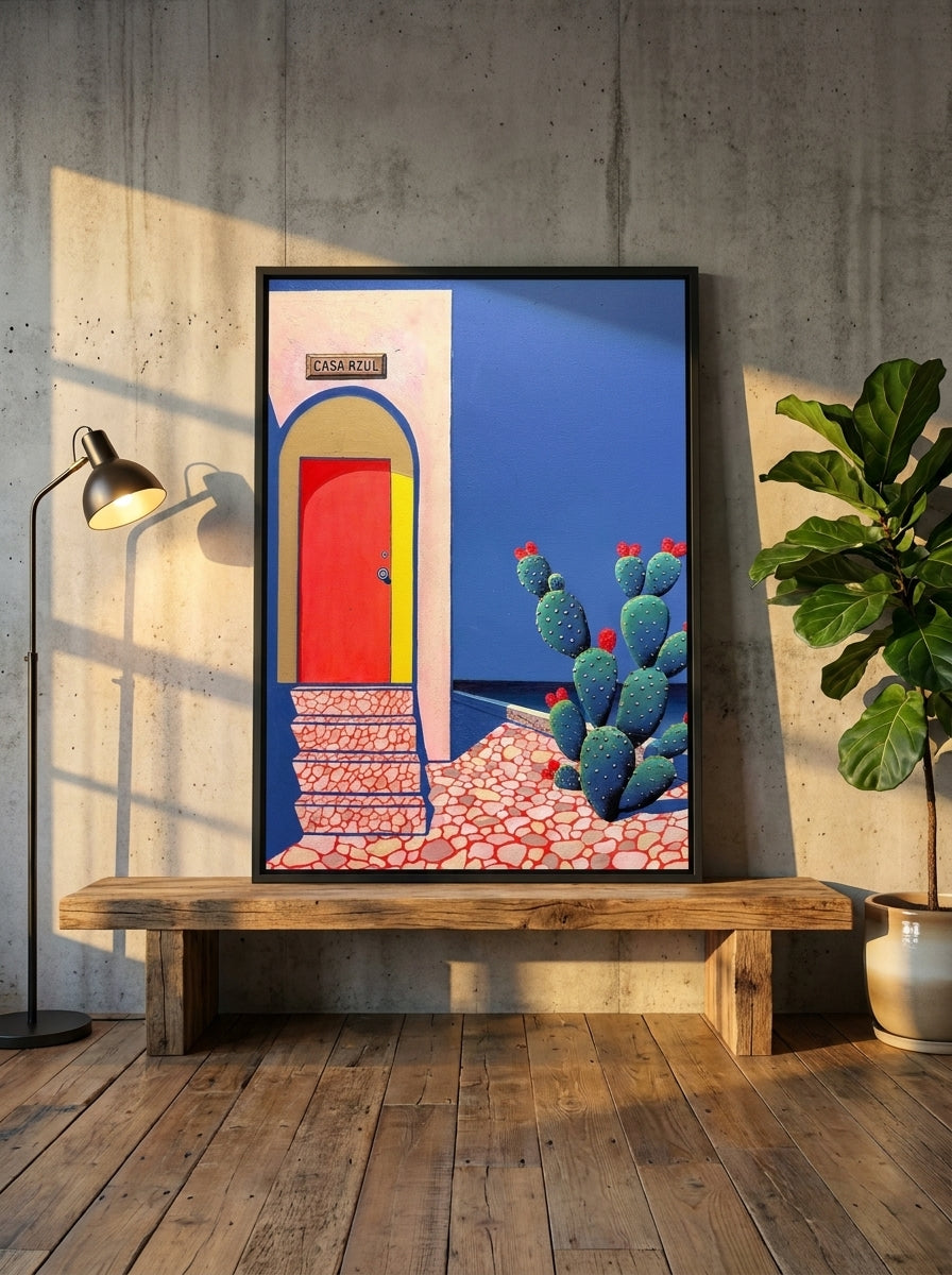Canvas wall art with a black surround standing on a bench in an industrial loft dining room