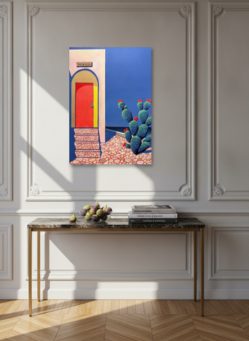 Stretched canvas wall art styled on the wall in a Parisian living room