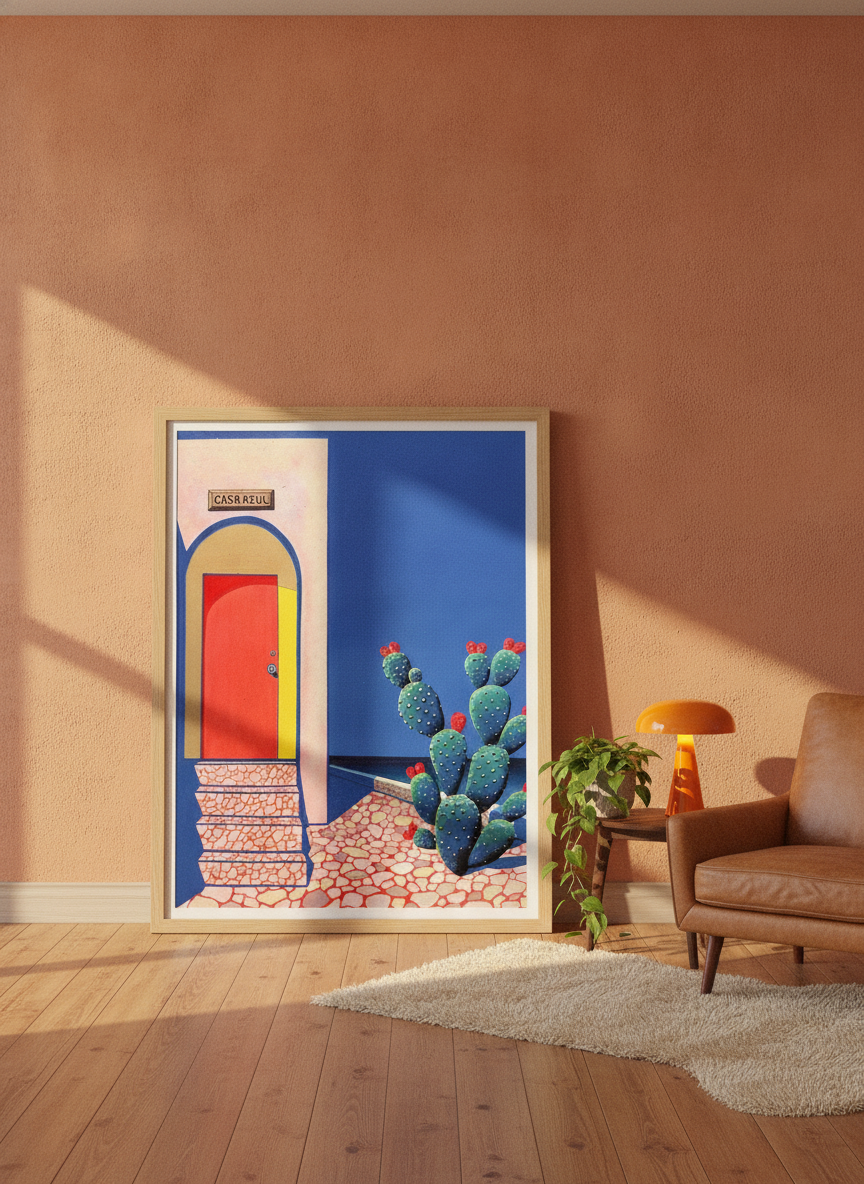 Oversized statement modern wall art print leaning against the wall in a retro 70s bedroom