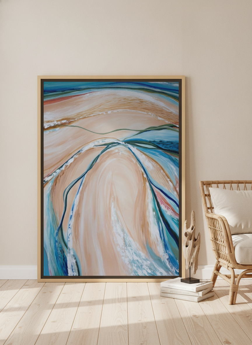 Oversized statement canvas wall art with a natural timber surround leaning against the wall in a coastal living room