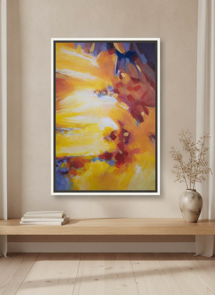 Canvas wall art with a white surround standing on a shelf in a warm Japandi bedroom