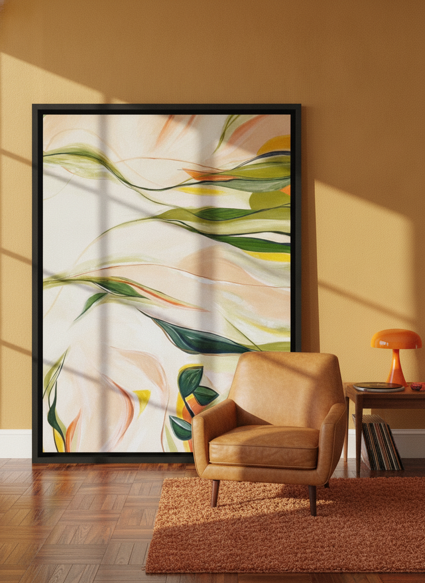 Oversized statement canvas wall art with a black surround leaning against the wall in a retro 70s living room