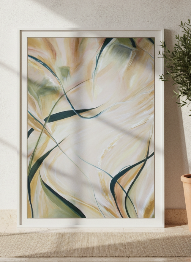 Modern wall art print leaning against the wall in a Mediterranean home office