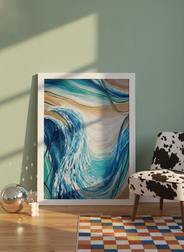 Modern wall art print leaning against the wall in a colourful eclectic living room