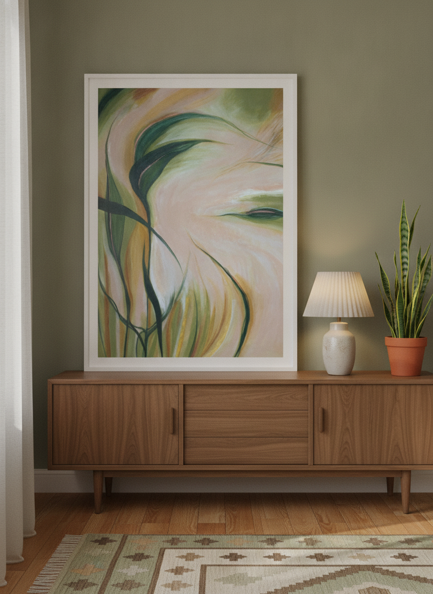 Modern wall art print standing on a sideboard in a mid-century bedroom