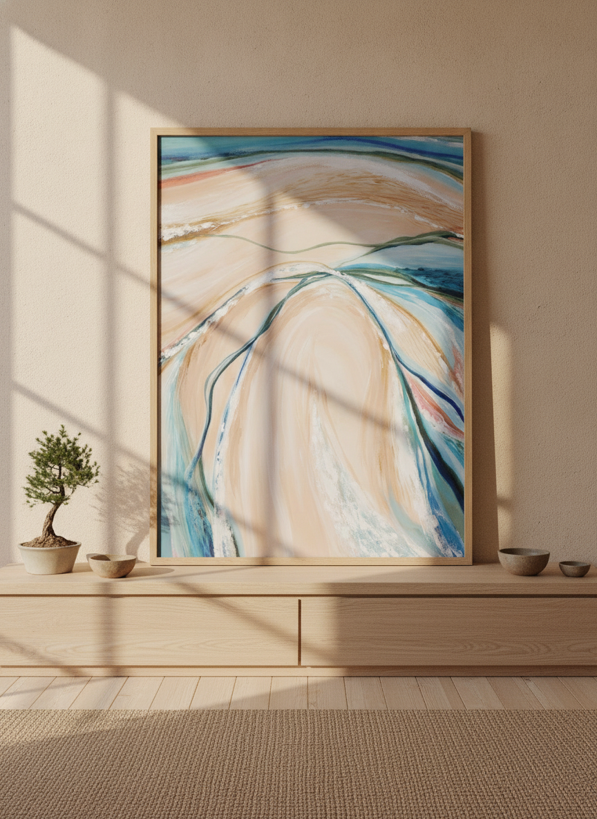 Modern wall art print standing on a sideboard in a warm Japandi home office