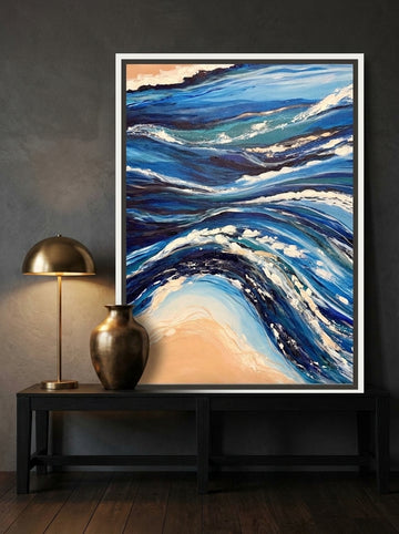 Canvas wall art with a white surround standing on a console in a moody home office