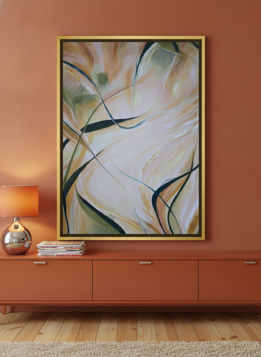 Canvas wall art with a gold leaf surround standing on a sideboard in a retro 70s home office