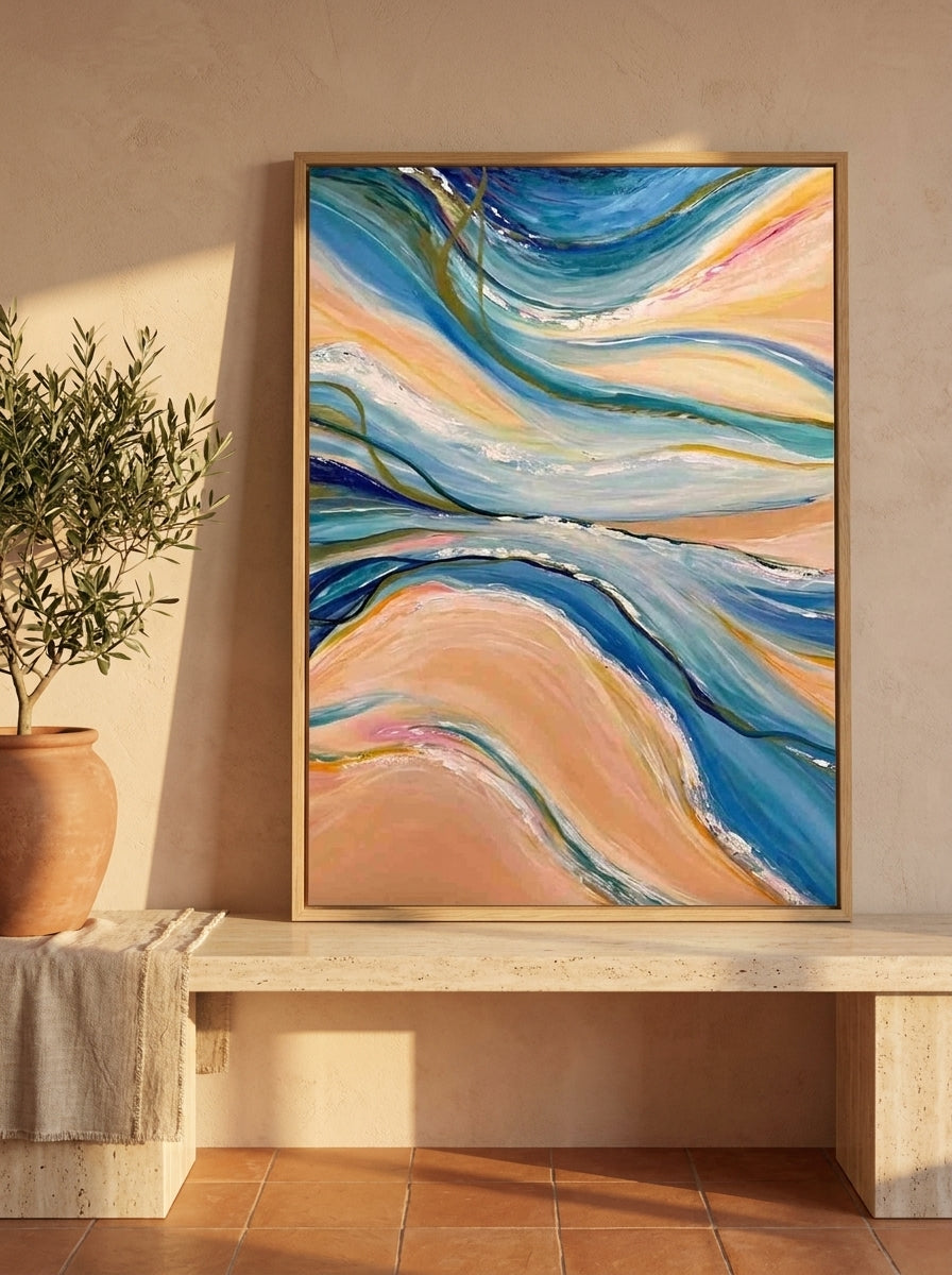 Modern wall art print standing on a console in a Mediterranean home office
